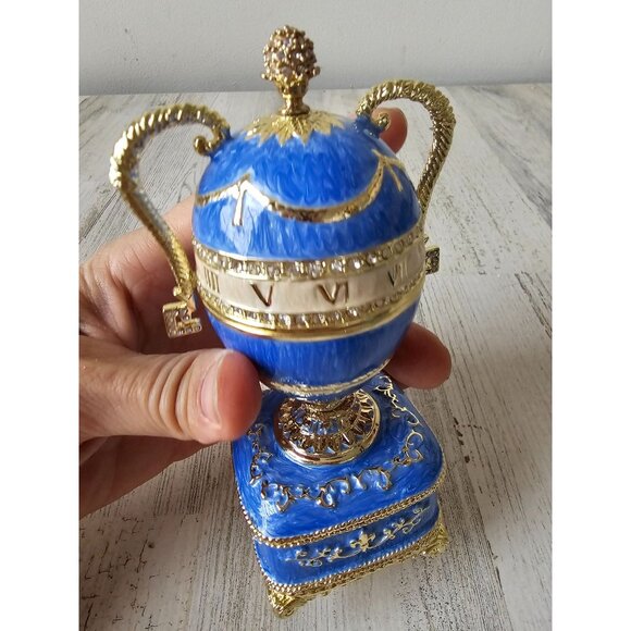 Toscano Katyas Blue trophy egg trinket box hinge jewelry gold rhinestone new - Picture 5 of 8
